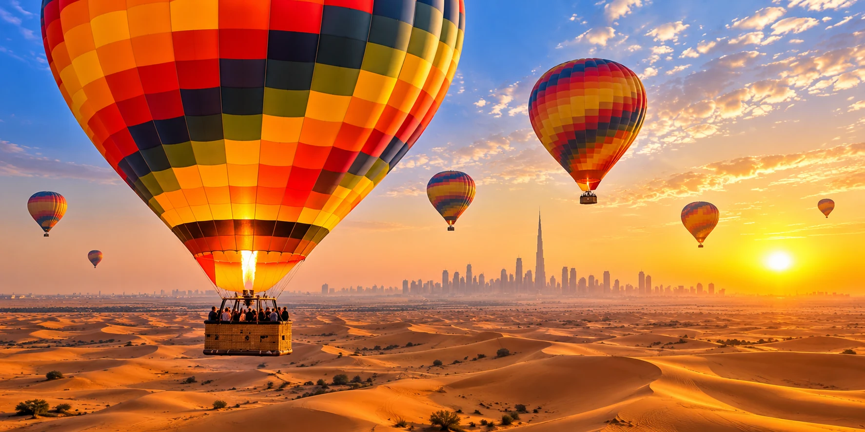 Dubai hot air balloon flying above desert at sunrise